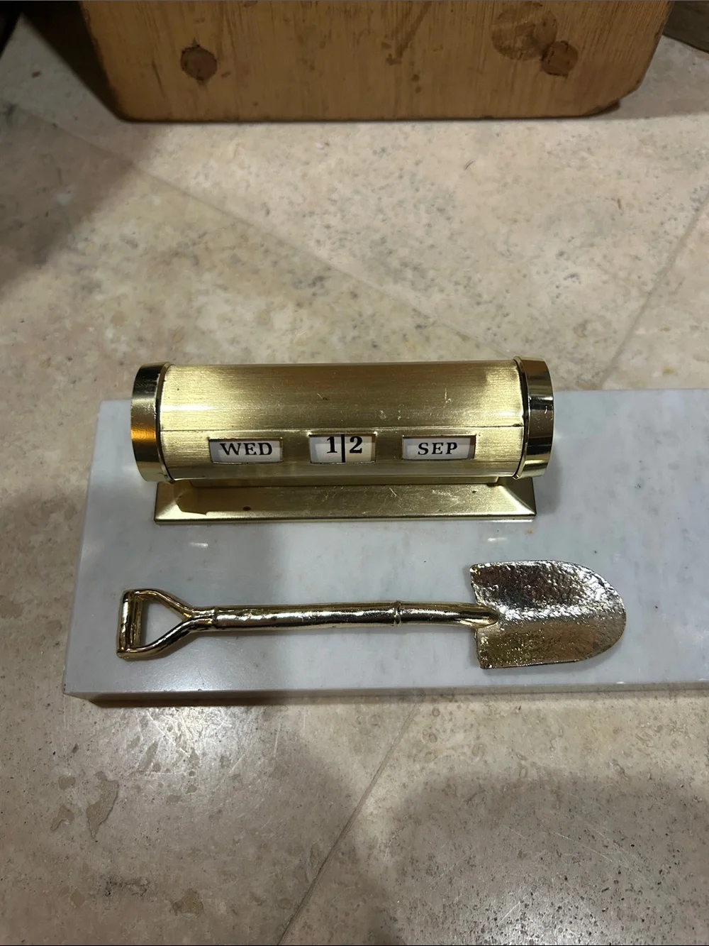 Vintage Brass Desk Perpetual Calendar with Marble Base and Shovel Accent